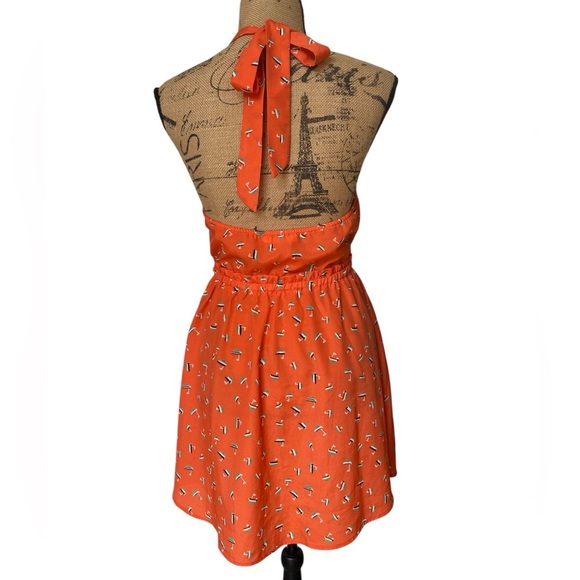 Mustard Seed Sailboat Print Orange Tie Neck Halter Mini Skater Dress Medium - Picture 4 of 11